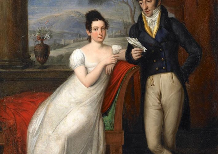Vincenzo Camuccini. Autoritratto con moglie in interno neoclassico. Tecnica: Olio su tavola