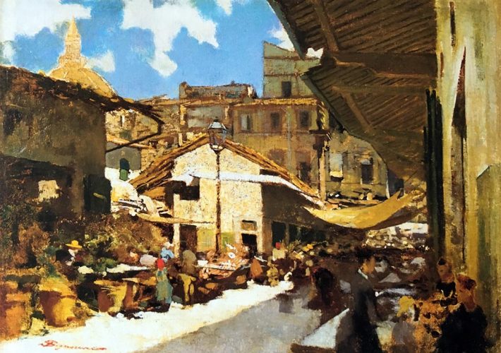 Telemaco Signorini. Giorno di sole al vecchio mercato. 1881-83 - Tecnica: olio su cartone