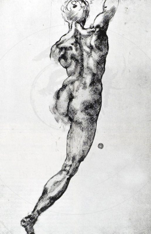 Valutazione dipinti antichi. Michelangelo. Studio di nudo per la Battaglia di Cascina. Tecnica: Gesso rosso su carta