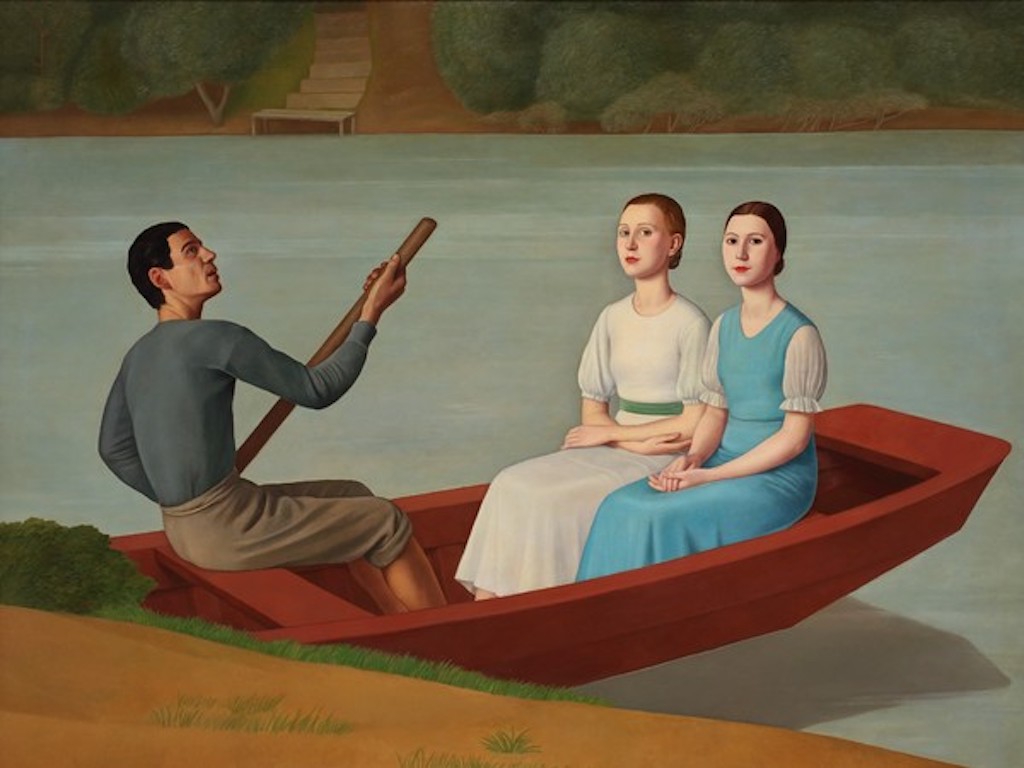In un'atmosfera sospesa, due donne più il barcaiolo, siedono in una barca per attraversare il corso placido del fiume. forme pure, colori brillanti.