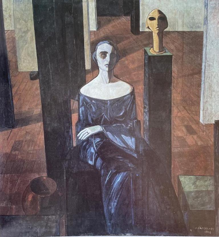 Ritratto di donna seduta dalla spiccata bidimensionalità e atmosfera simbolica. Sullo sfondo, basi, colonne e un ritratto in terracotta, doppio del suo volto.