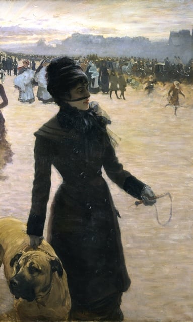 Donna alle corse dei cavalli avvolte in un elegante vestito nero, simbolo della Belle Époque